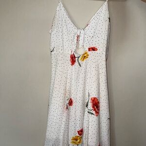 White Floral Tie-Front Midi Dress with Red & Yellow Flowers